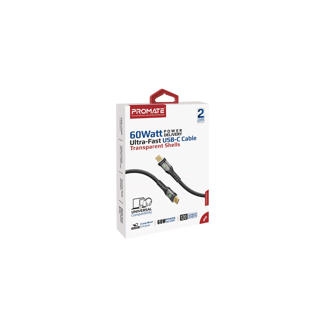 Promate TransLine-CC 60W Power Delivery Ultra-Fast USB-C Cable with Transparent Shells in Qatar Promate TransLine-CC 60W Power Delivery Ultra-Fast USB-C Cable with Transparent Shells in Qatar